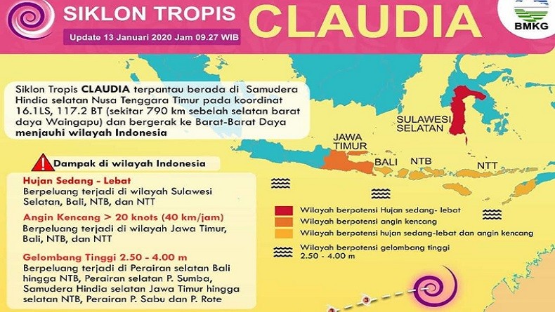 Siklon Tropis Claudia Menjauh, BNPB Imbau Warga Tetap Waspada 