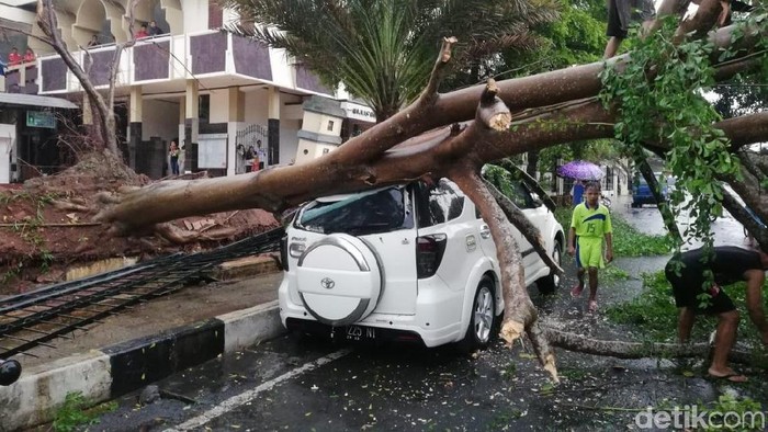 Hujan Deras Dan Angin Kencang Membuat Sejumlah Pohon Tumbang Timpa Mobil dan Motor di Kota Banjar