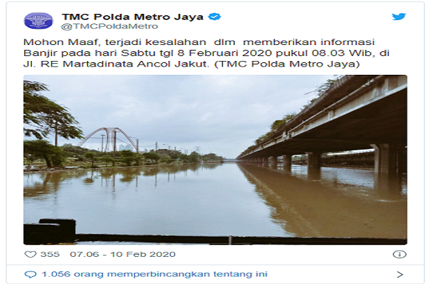 Salah Informasikan Banjir, Akun TMC Polda Metro Jaya Minta Maaf