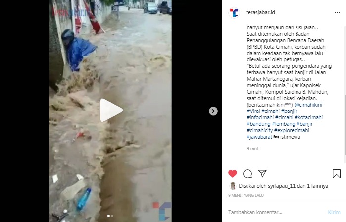 VIRAL ! Video Ngeri Pengendara Cimahi Terbawa Arus Banjir dan Masuk Ke Aliran Sungai, Nyawanya Tidak Tertolong