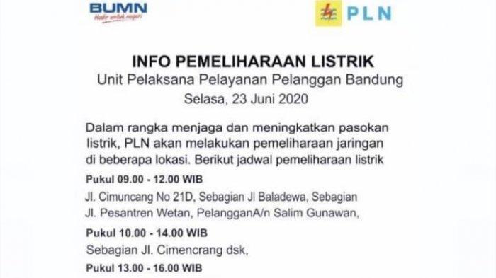 Jadwal Pemadaman Listrik di Bandung Selasa 23 Juni, Ada Wilayah yang Padam Hingga Pukul 16.00 WIB