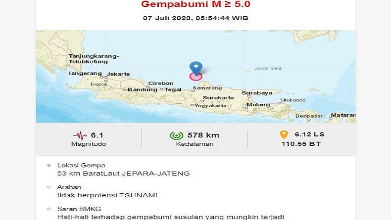 Gempa Bumi Bermagnitudo 6,1 Mengguncang Barat Laut Jepara Jawa Tengah, 'Tidak Berpotensi Tsunami' Ujar BMKG