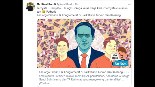 Ada Keluarga Konglomerat di Balik Bisnis Anak Jokowi, RR: Ternyata Bungkus ‘Kerja Keras’ Cuma Ini Toh