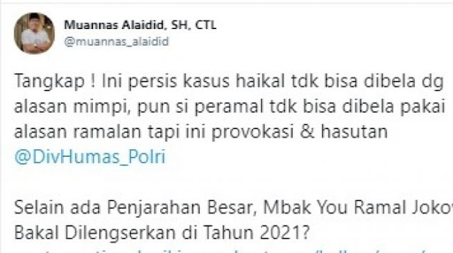 Muannas Alaidid Serukan Polisi Tangkap Mbak You gegara Ramalkan Jokowi Lengser di 2021