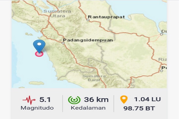Gempa Bumi Berkekuatan M 5,1 Mengguncang Kota Padangsidempuan, Dirasakan hingga Padanglawas Utara