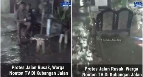 Viral Aksi Protes Jalanan Rusak, Warga Nekat Nonton TV di Kubangan Air