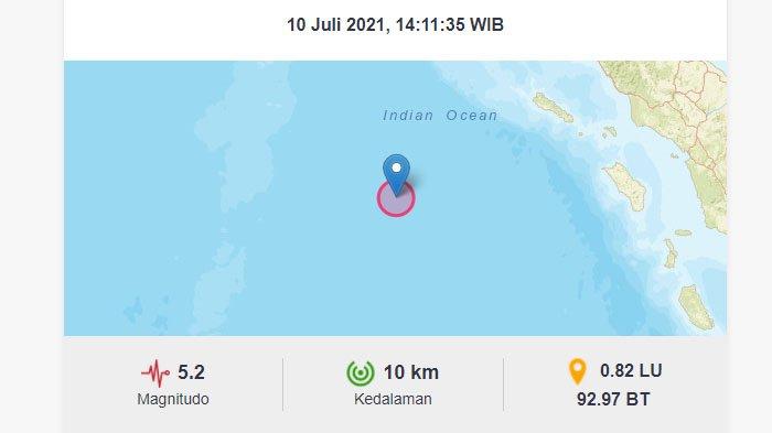 Gempa Melanda Sinabang Aceh Siang Ini, Magnitudo 5,2, BMKG: Waspadai Potensi Gempa Susulan 
