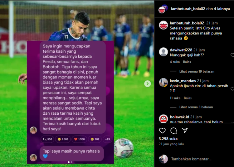 Setelah Umumkan Pamit dari Persib, Istri Ciro Alves Sebut Masih Punya Rahasia dengan Emot Hati Biru/ tangkapan layar instagram