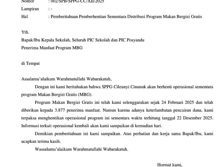 Duuuhhhh… Anggaran Belum Cair, Satu Dapur SPPG Program MBG di Cileunyi Berhenti Beroperasi