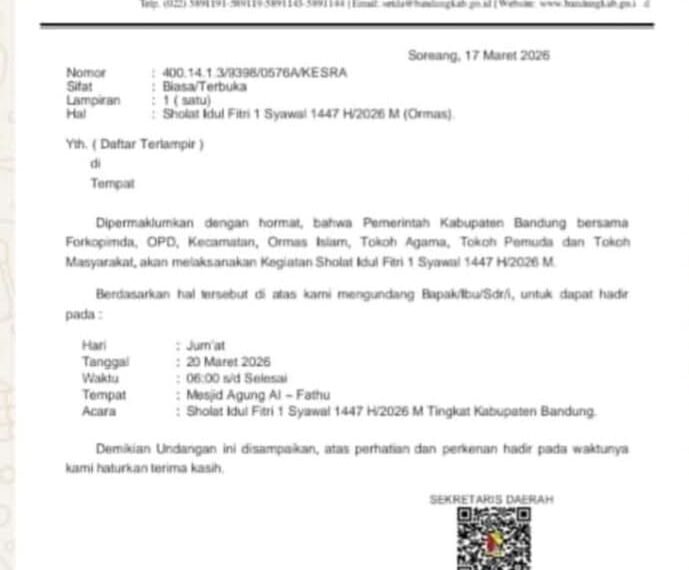 Beredar Surat Undangan Sholat Idulfitri oleh Pemkab Bandung Jumat Besok, Sekda Bilang Itu Hoax