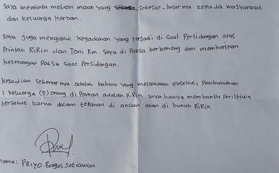 Home 2 29 Geger, Priyo Terdakwa Pembunuhan 5 Orang Sekeluarga Mengaku Korban Rekayasa Kuasa Hukum Toni RM