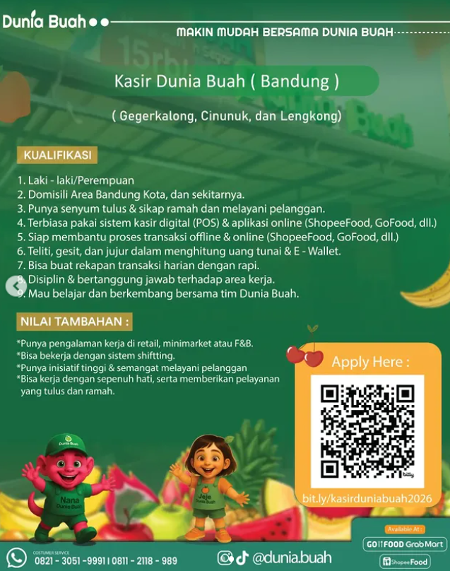 Ada 2 Posisi! Dunia Buah Bandung Buka Loker Crew dan Kasir, Tertarik? 3 image 28