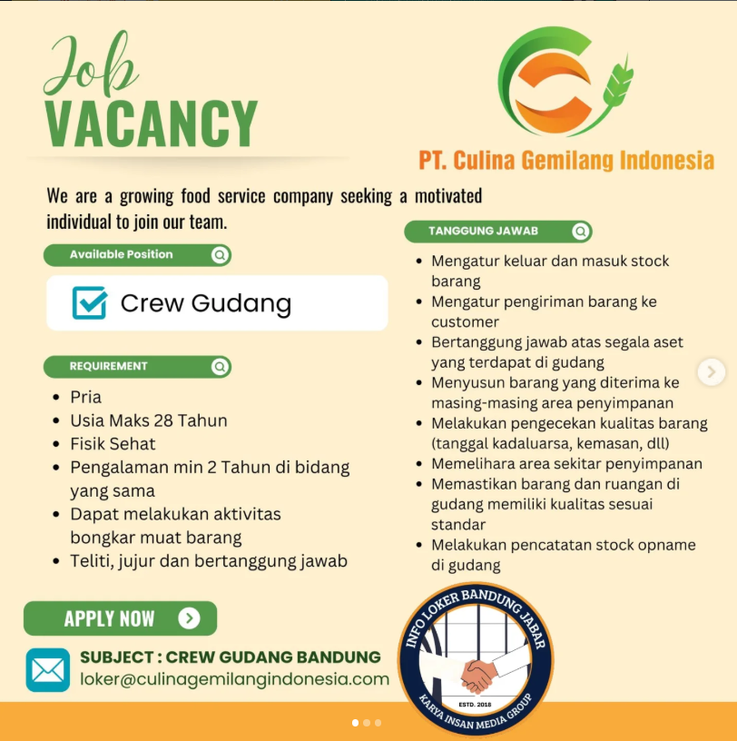 Loker Crew Gudang! PT Culina Gemilang Indonesia Bandung Buka Lowongan Terbaru 2 image 35
